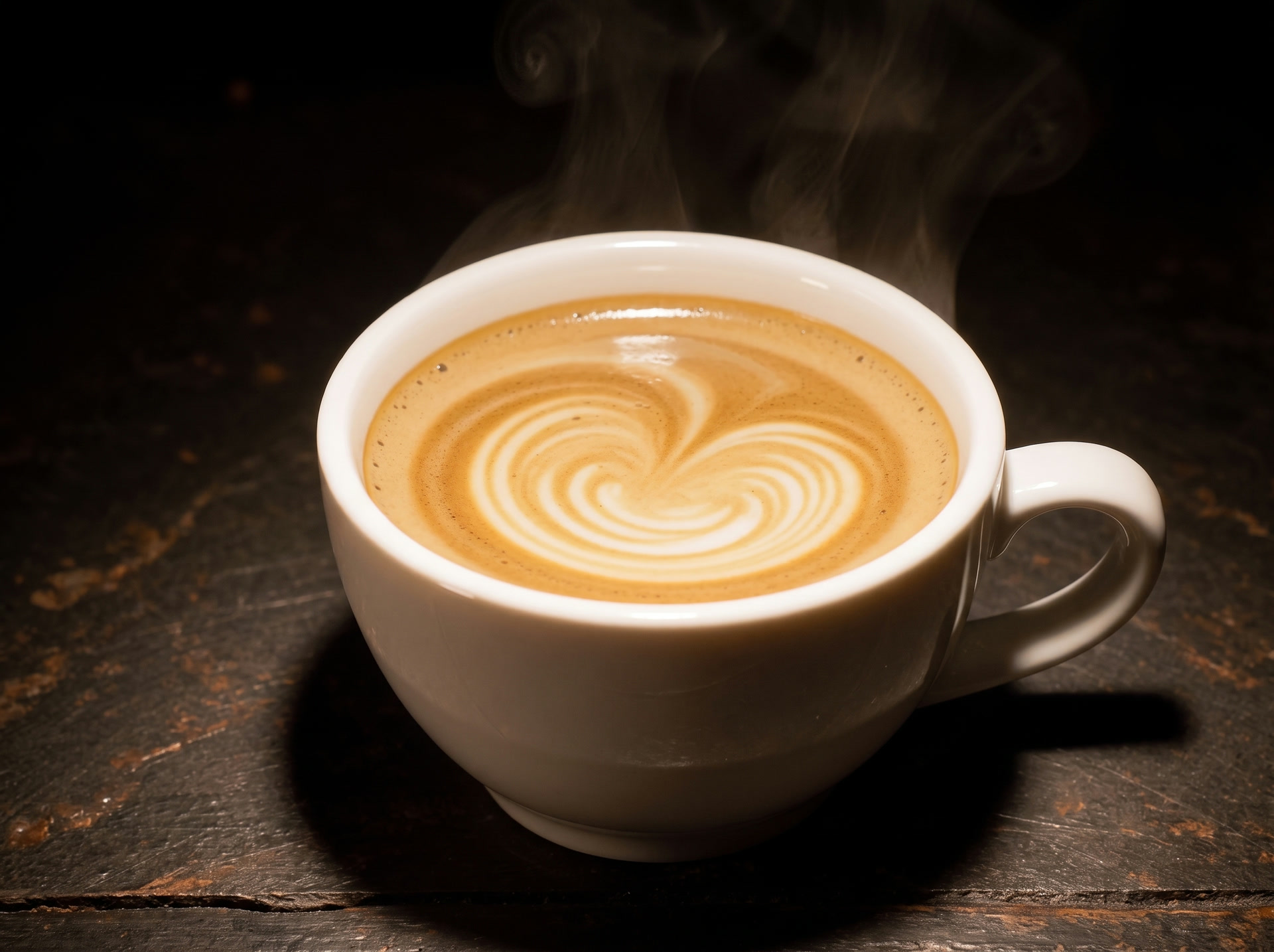 The finished cup of espresso with swirled crema, resting on a dark table in one warm light