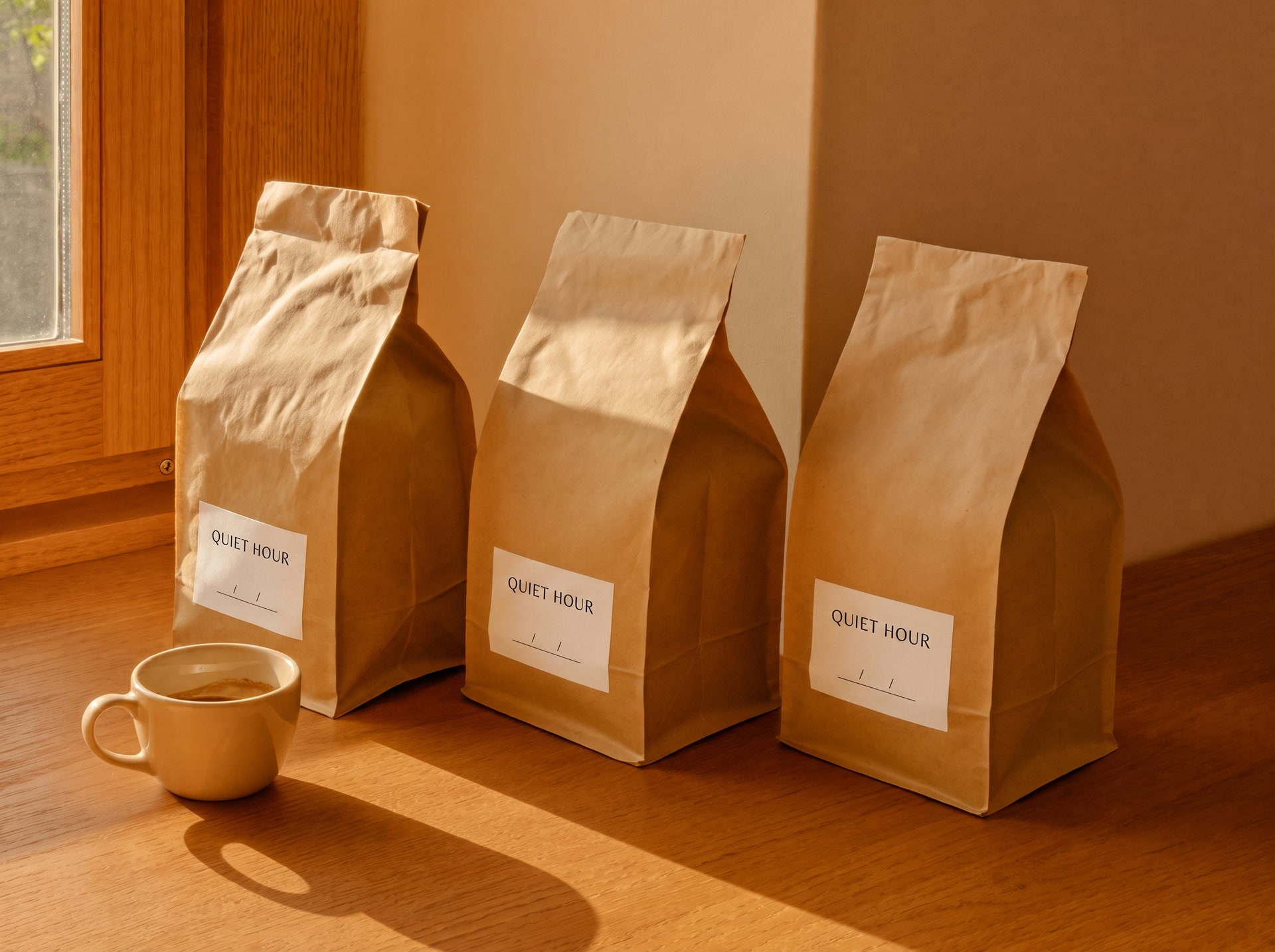 Three labeled tins of coffee beans in warm light